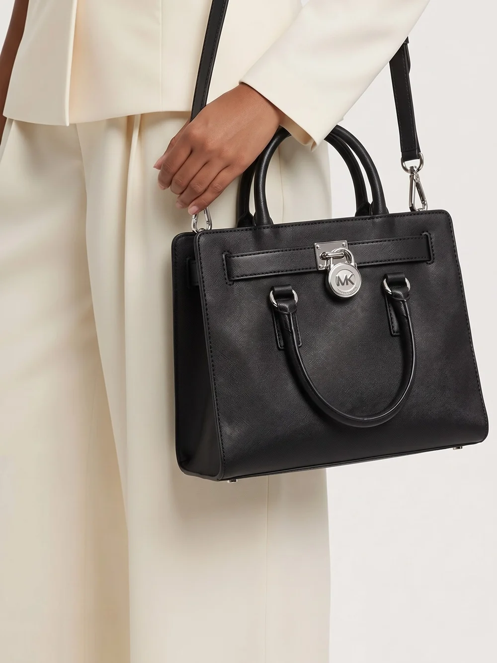 Michael Kors Hamilton Black Saffiano Leather Satchel with  Silver Hardware